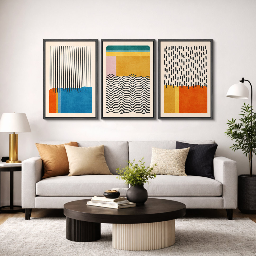 Abstract Vibrant Color Blocks "Mid-century Modern Colorful Blocks Artwork, Multicolor Geometric Wall Pictures, Large Framed Canvas Giclee Print 3 Pieces Wall Art Set"